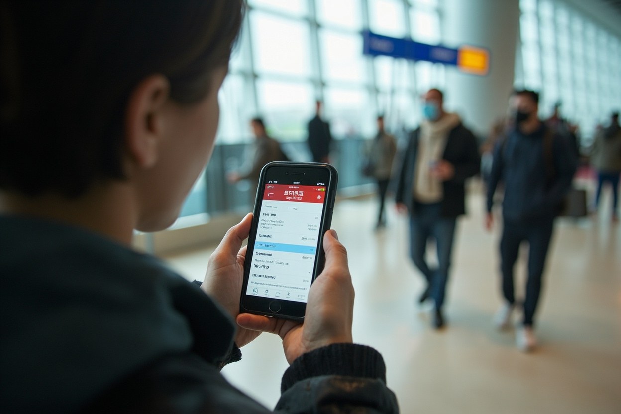 Phone screen held by a traveller in a bright airport waiting hall, showing a bilingual booking confirmation with red and green route lines and a small map of the western corridor in the corner