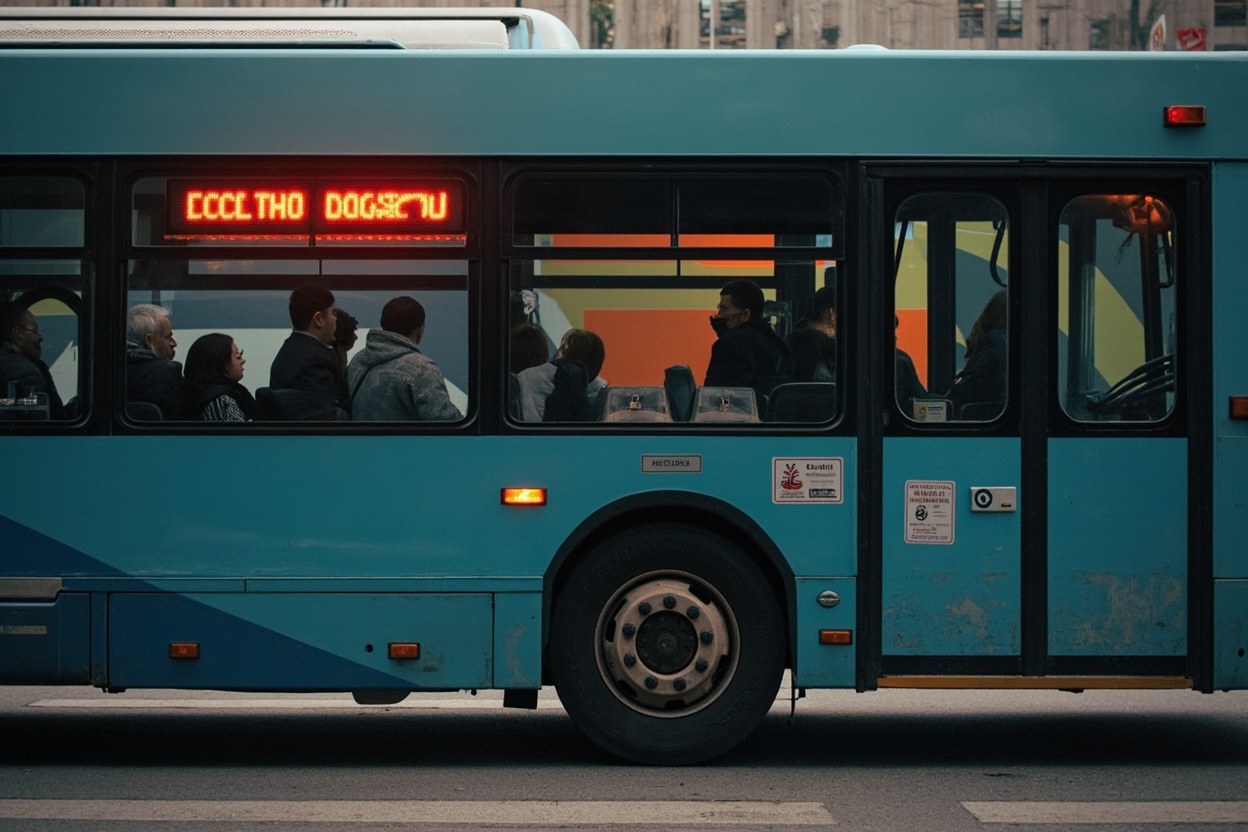 Daytime coach parked at the Mong Kok kerb with an LED fare board showing the Luohu one way price under morning daylight.