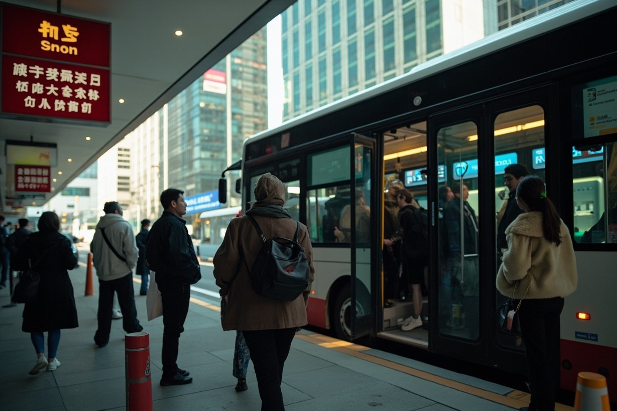 Passengers boarding a cross-border coach at a Hong Kong pickup point in daylight