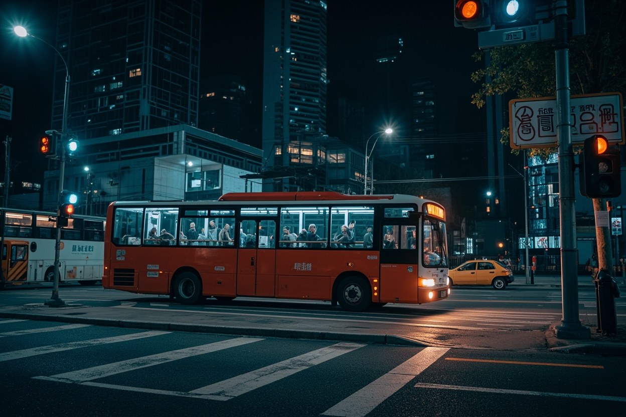 A night coach waiting at the Causeway Bay layover on Lockhart Road under streetlights with office towers in the background.