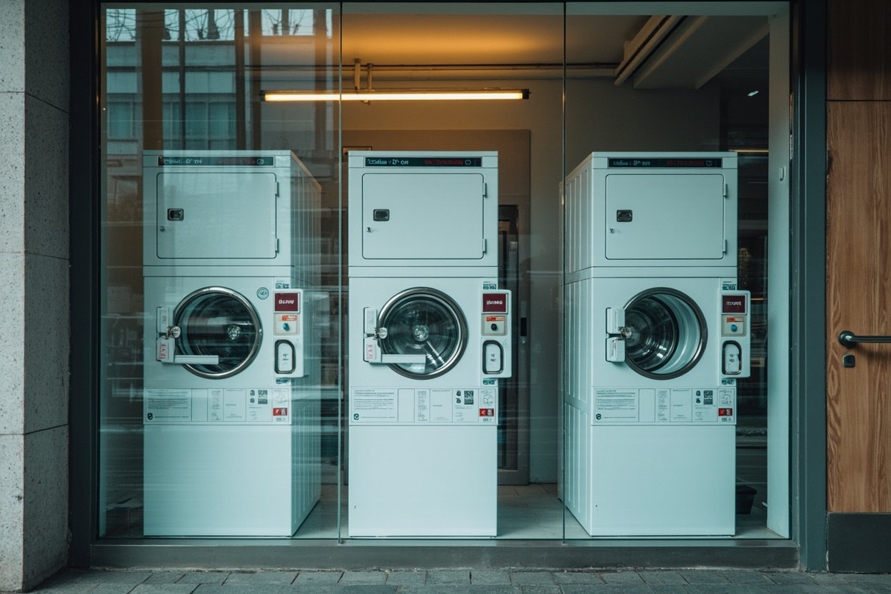 Row of stacked white washer dryer units behind glass at street level in a Shenzhen residential tower entrance