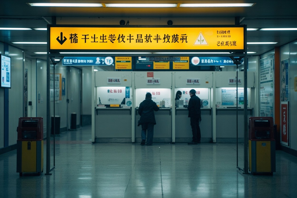 A bank of currency exchange counters at a Shenzhen border crossing interior with Chinese signage