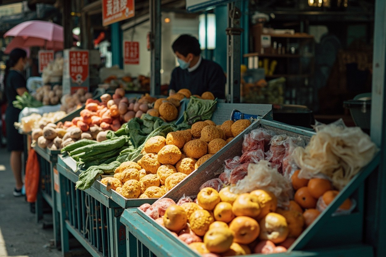 A wet market stall in Luohu with fresh produce arranged under daylight