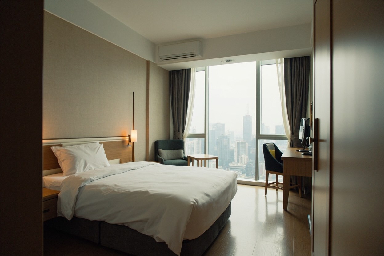 A compact hotel room in Futian with a double bed, a desk by the window, and daylight coming through the curtain