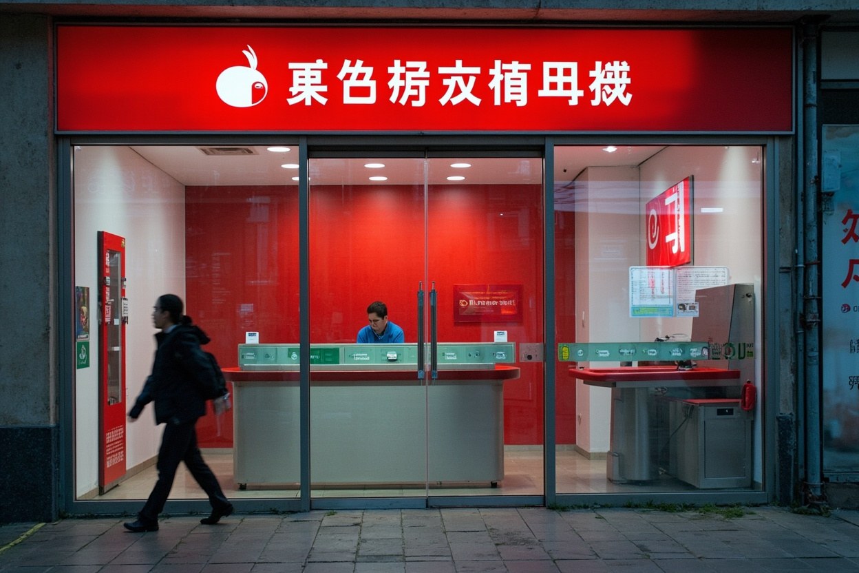 China Mobile shop interior with staff member at glass counter in Futian Port during daylight hours