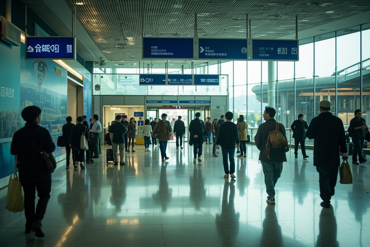Travellers walking through a bright Shenzhen Futian station concourse with glass walls and daylight