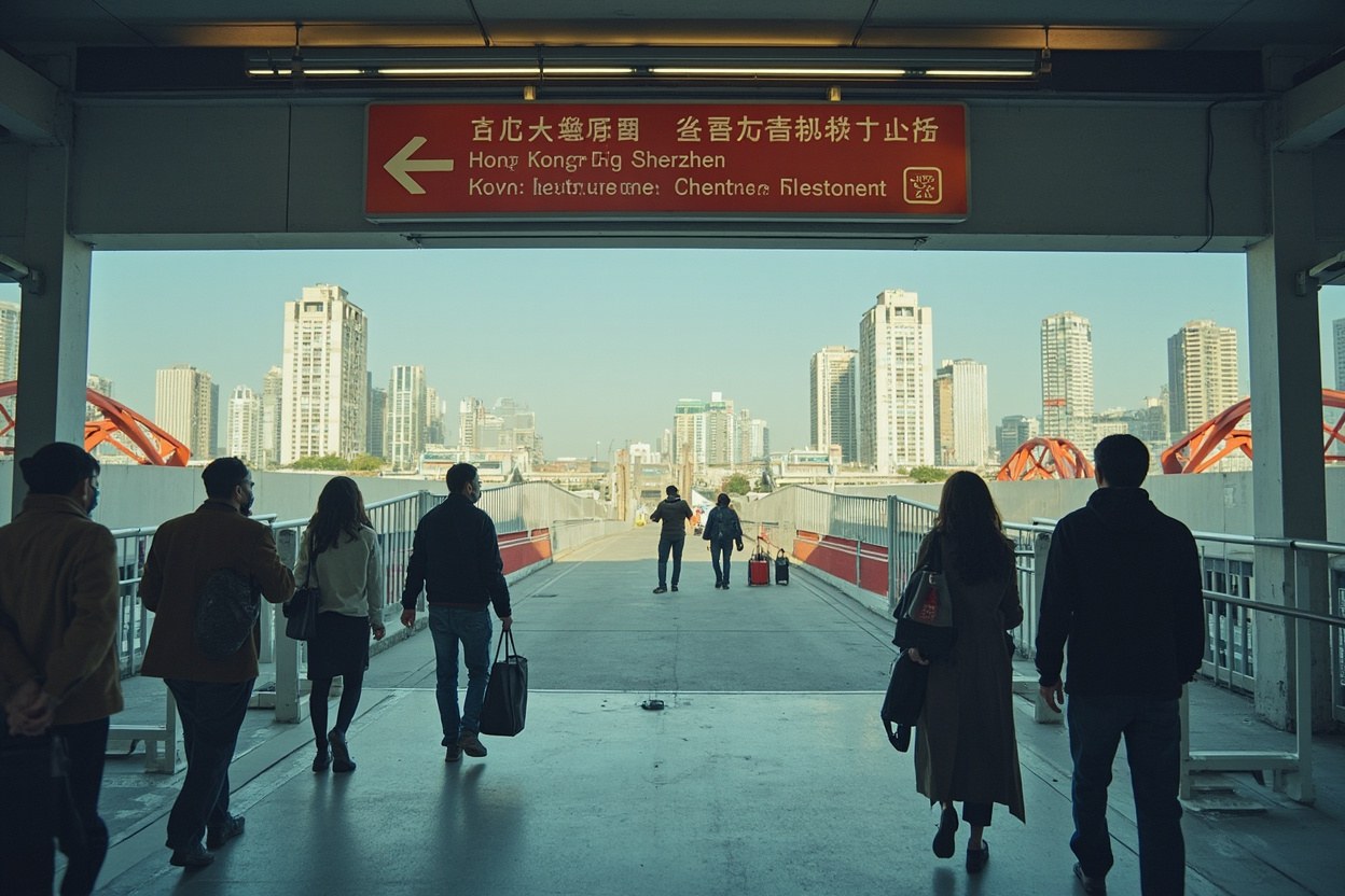A pedestrian walkway at a Hong Kong Shenzhen border port during daylight with a sign overhead directing travellers to the e channel lane