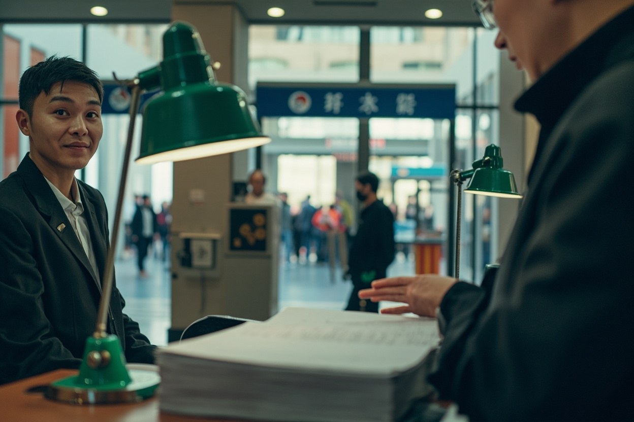 A close view of a manned immigration desk at a Shenzhen crossing with a green desk lamp and a stack of paper forms in soft interior light