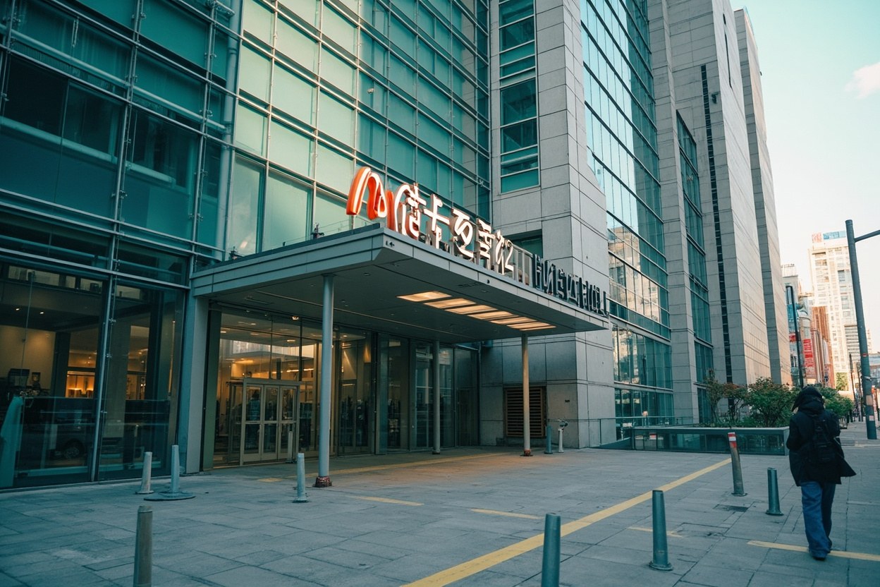 Modern glass hospital outpatient tower in Shenzhen with bilingual entrance signage in daylight