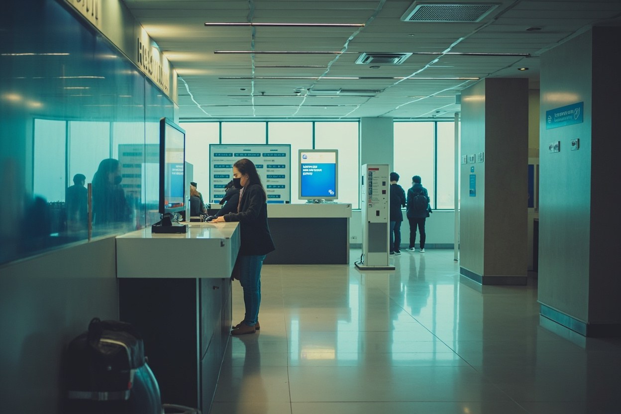 Hospital registration desk interior with self service kiosks and waiting area in soft indoor lighting