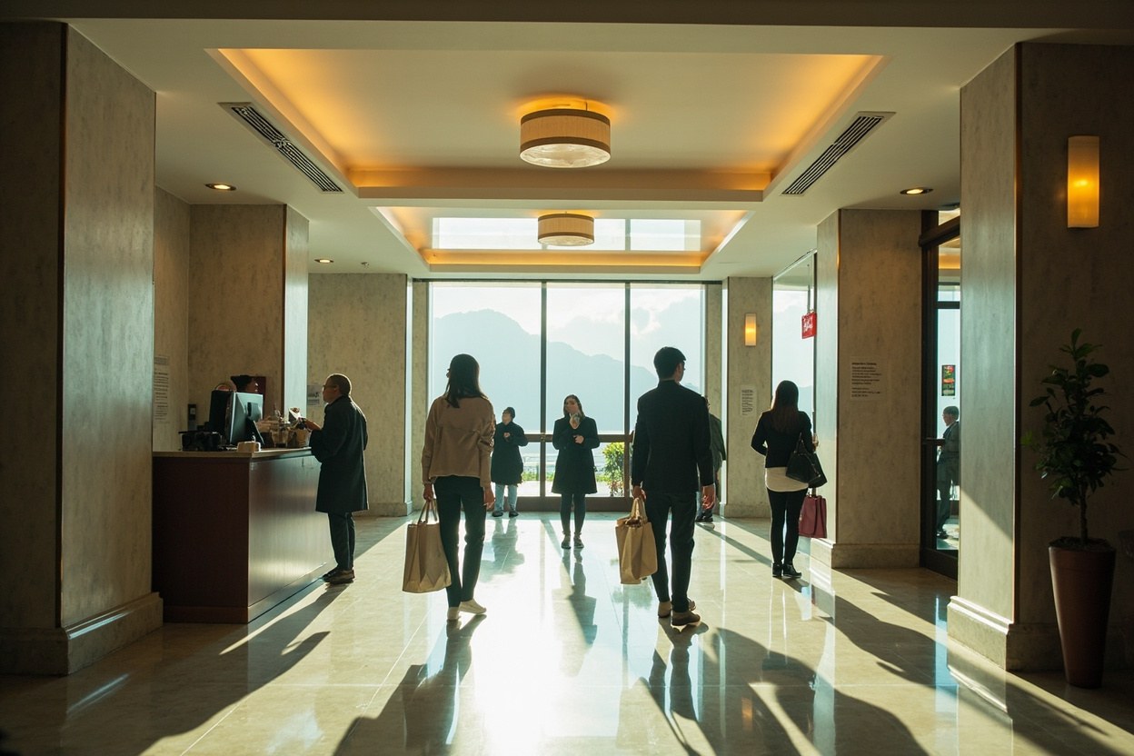 A bright Shenzhen hotel lobby with reception desk and guests in daylight