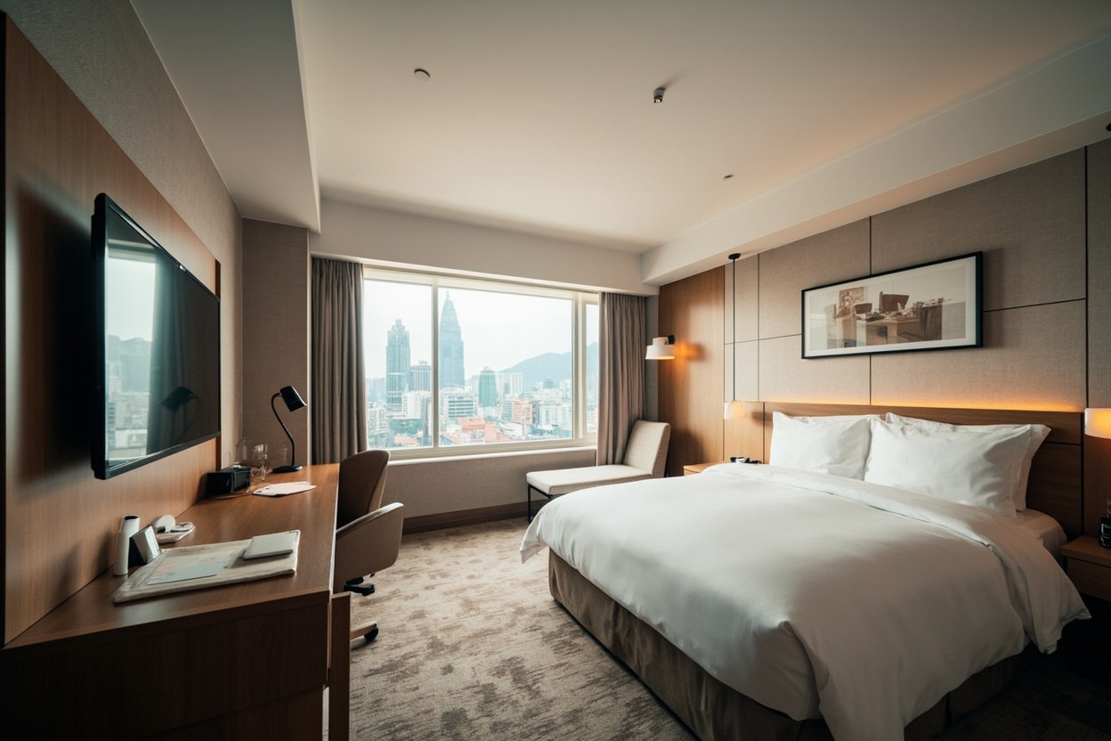 A modern hotel room with a bed, desk and large window in daylight