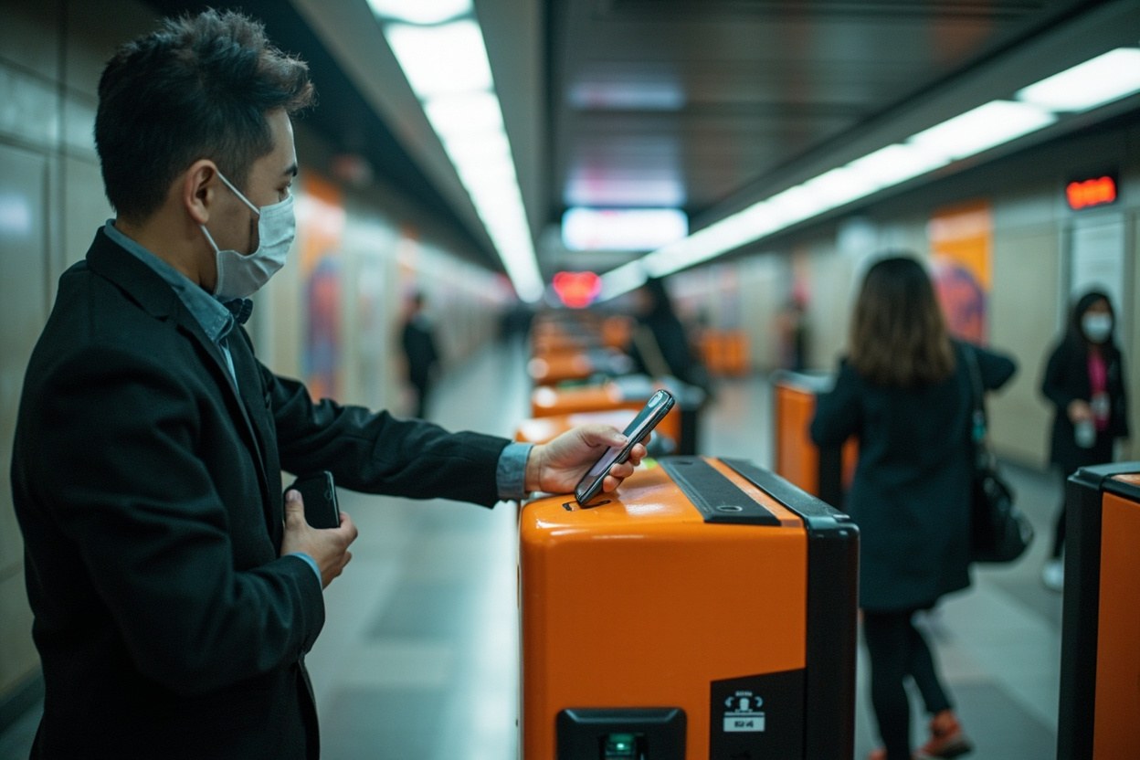 Passenger scanning a phone QR at the orange reader of a Shenzhen Metro gate inside a clean underground concourse.