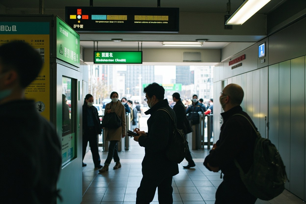 Green ticket kiosk beside Shenzhen Metro ticket gates during morning rush hour as commuters pass through.