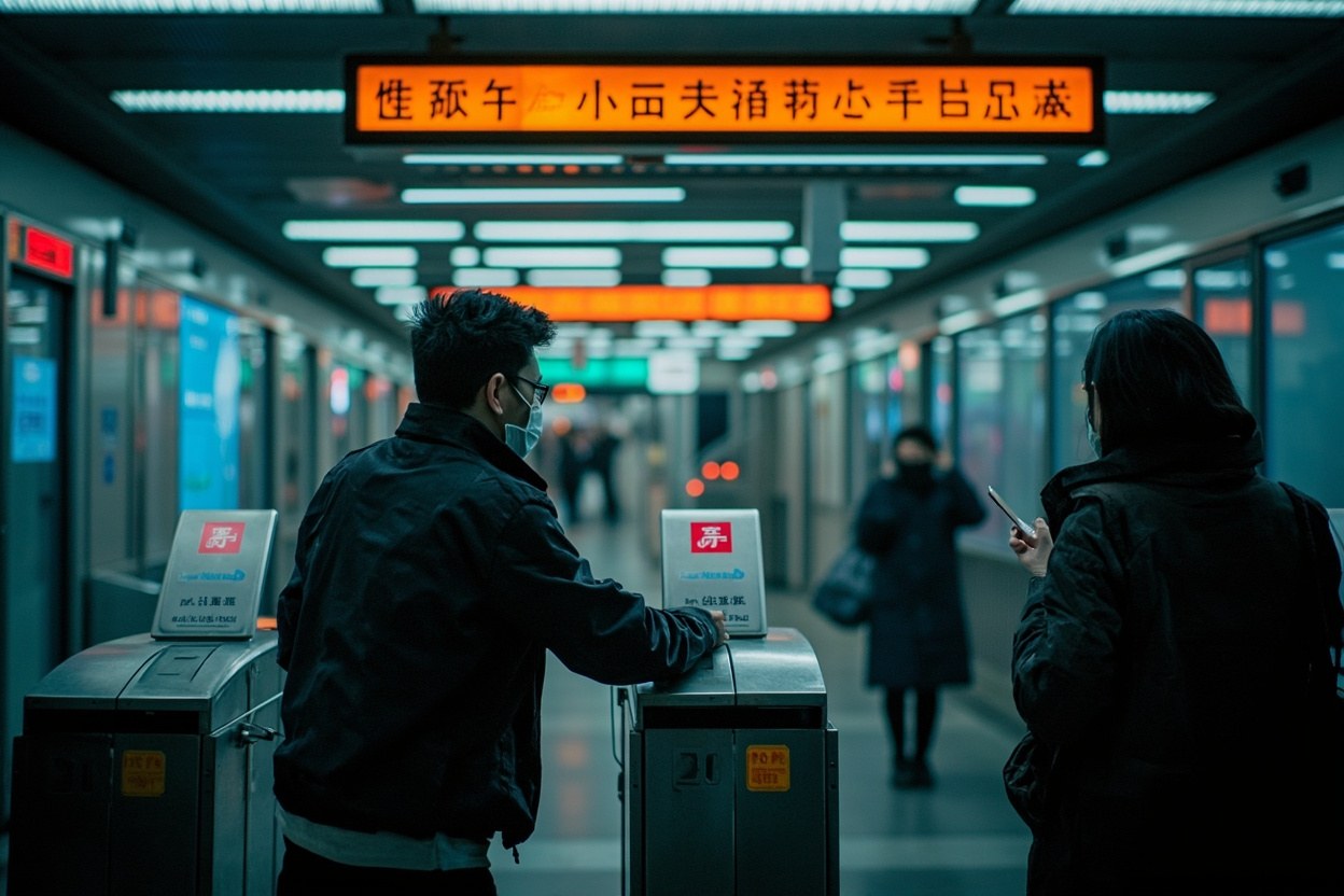 Passenger tapping a card at a Shenzhen Metro gate, with LED destination signs glowing above the concourse during daytime