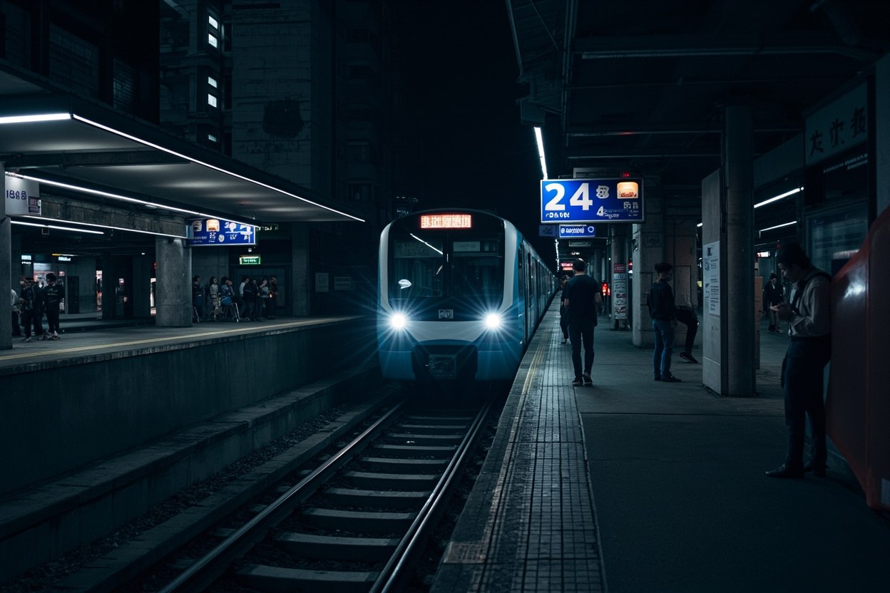 Shenzhen Metro platform at night with a Line 4 train pulling in, passengers waiting, blue and white station signage illuminated in the city streetlight beyond the platform edge.