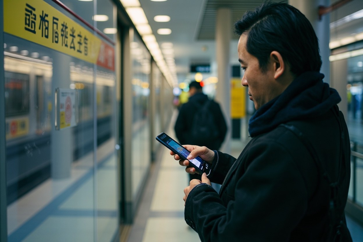 Commuter holding smartphone on Shenzhen Metro platform with Chinese characters on advertisement panel