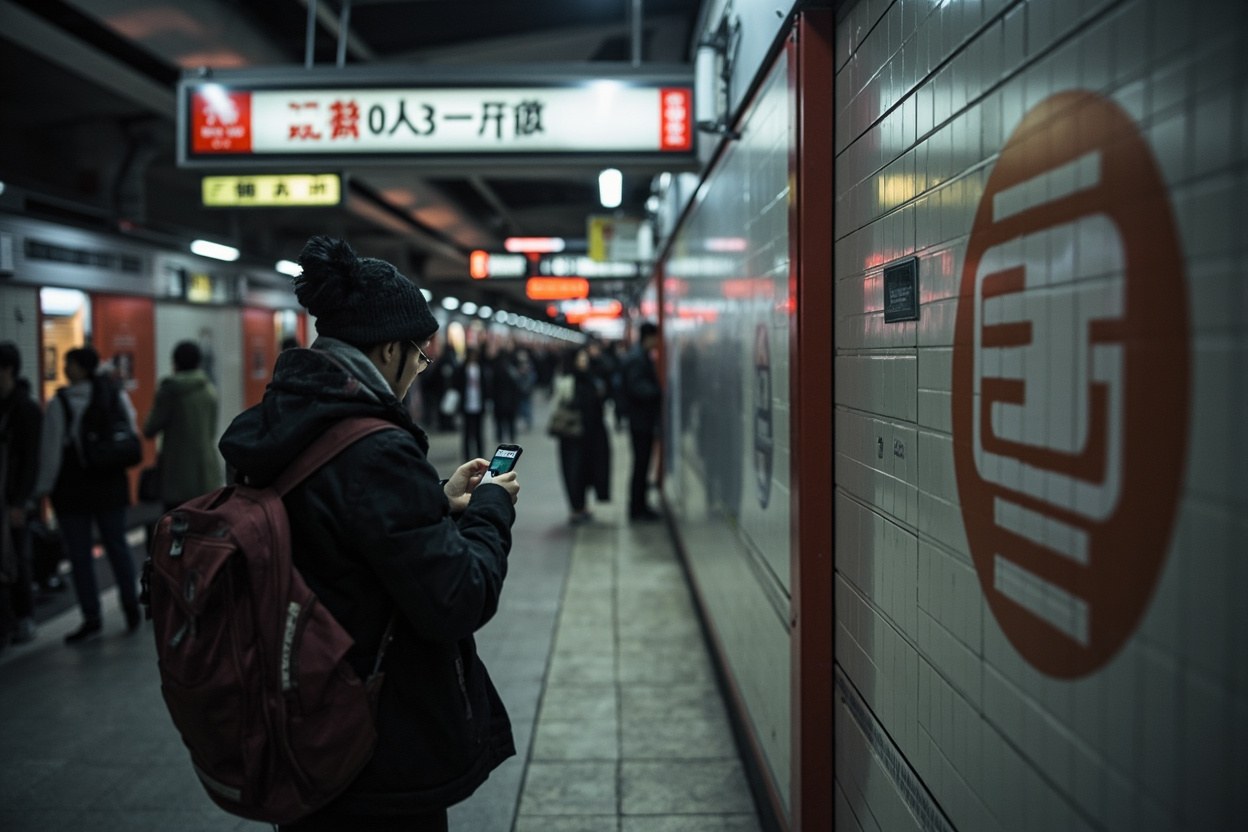 Traveller checking a phone screen on a busy underground metro platform with Chinese characters on the wall