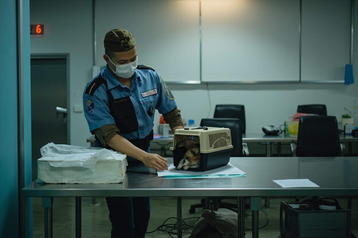 A small carrier on a steel counter at the Luohu Companion Animal Hall, with a customs officer in a blue uniform scanning a phone screen under fluorescent interior lighting