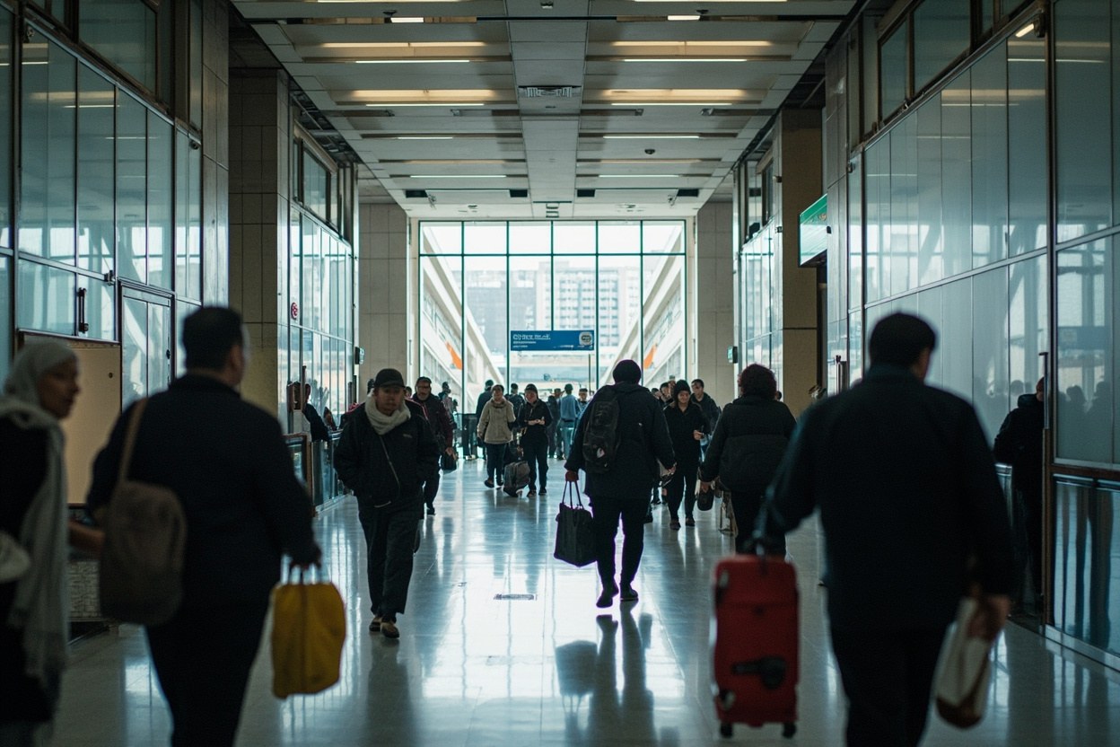 A wide angle view of the Shenzhen side departure hall at Huanggang Port at midday, with travellers carrying bags walking toward the VAT Refund For Departing Travellers kiosk and a digital sign overhead.