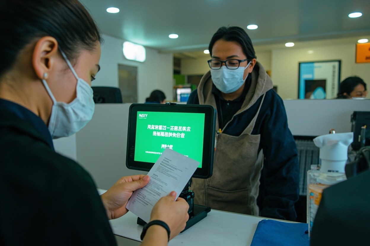 An interior close up of the VAT refund counter with a green confirmation screen on the desk, a paper slip being handed across, and two staff members in uniform standing behind a glass partition in soft daylight.