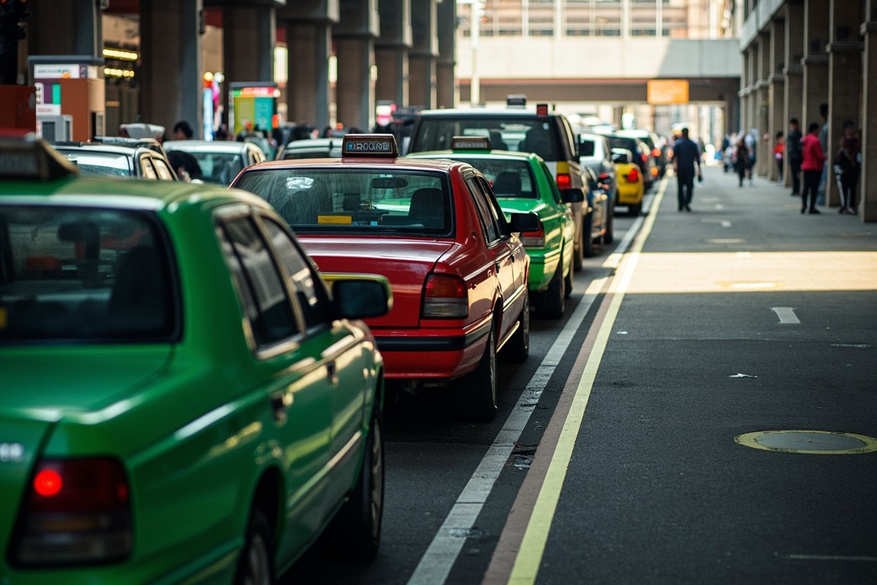 Green and red metered taxis queued at the covered rank outside a Shenzhen border arrival hall in daylight