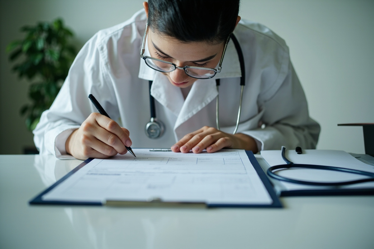 A registered Shenzhen vet signs an animal export health certificate on a clean desk with a stethoscope and clipboard in plain office daylight.