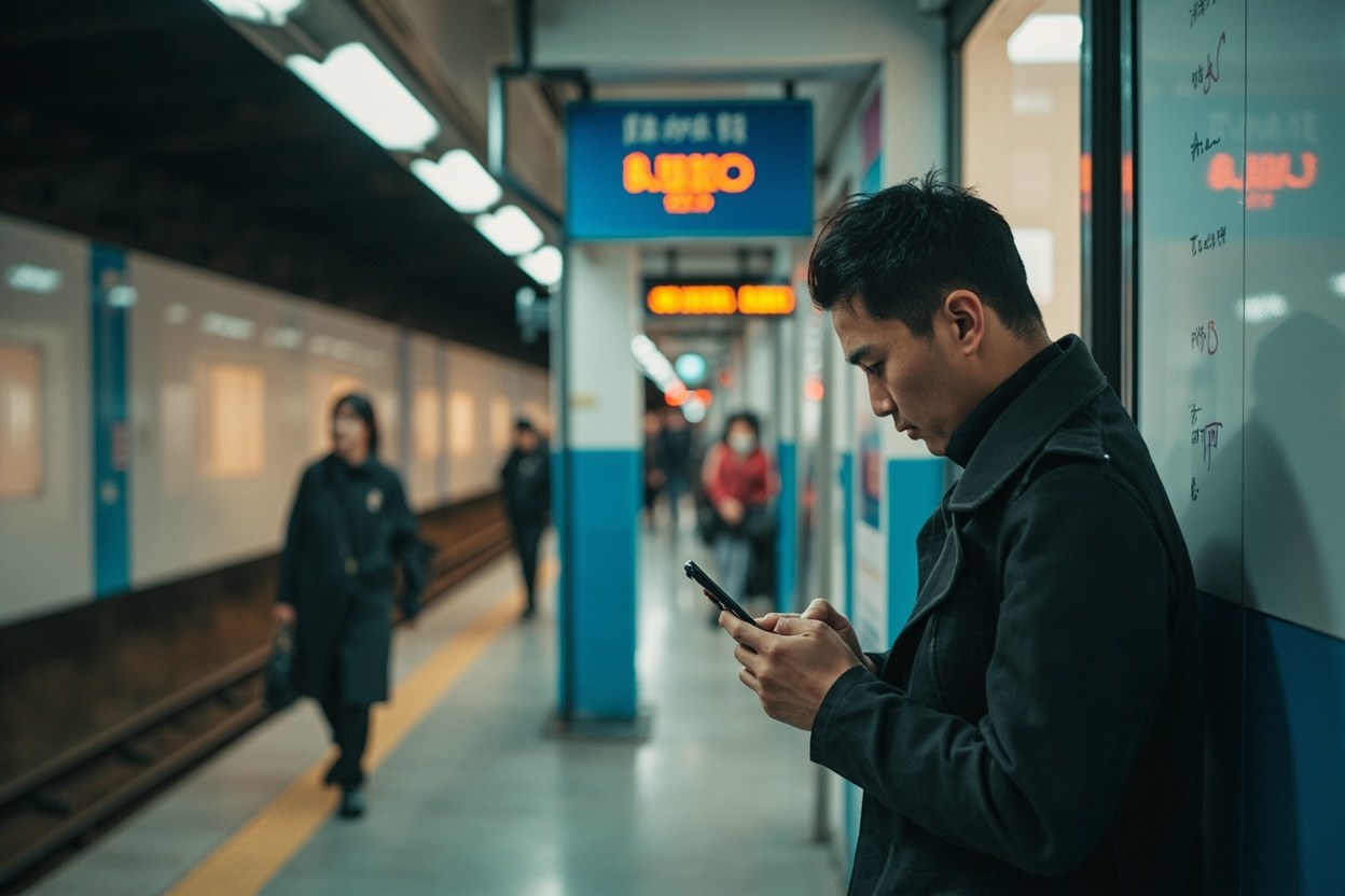Traveller in casual clothes checking a phone screen at a Shenzhen metro station in daylight