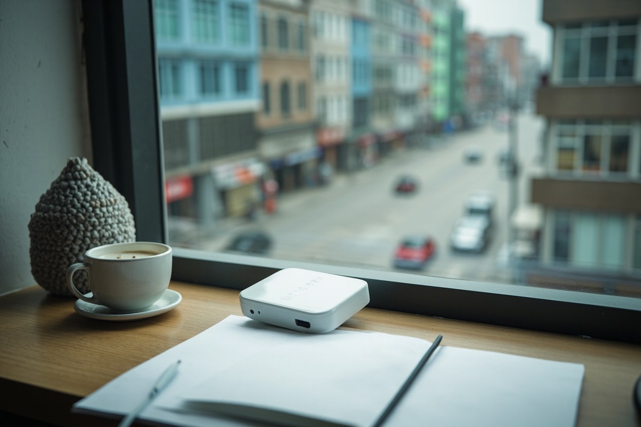 Small white pocket WiFi router and a power bank on a hotel desk with a window showing a Shenzhen street