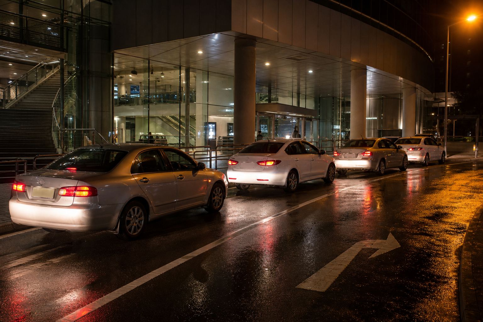 A night taxi rank on wet asphalt outside a glass building.