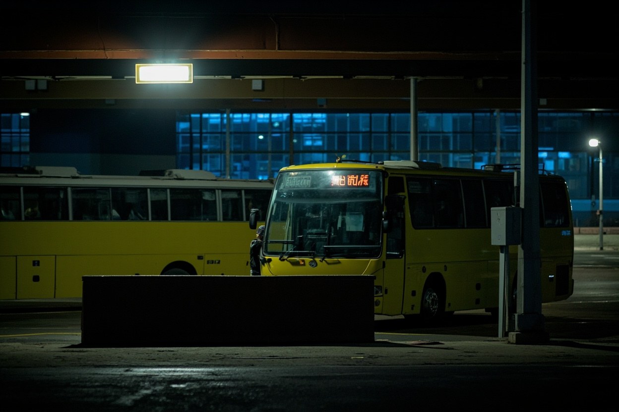 Kowloon cross-harbour coach bay at night with a few yellow buses lined up under fluorescent light