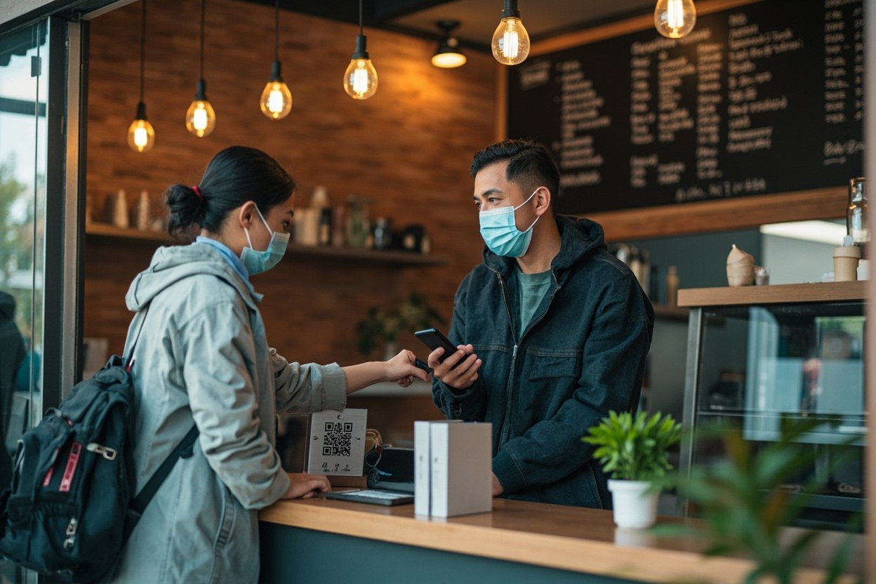 Customer scanning a payment QR code on a phone at a Shenzhen coffee shop counter with a menu chalkboard in the background
